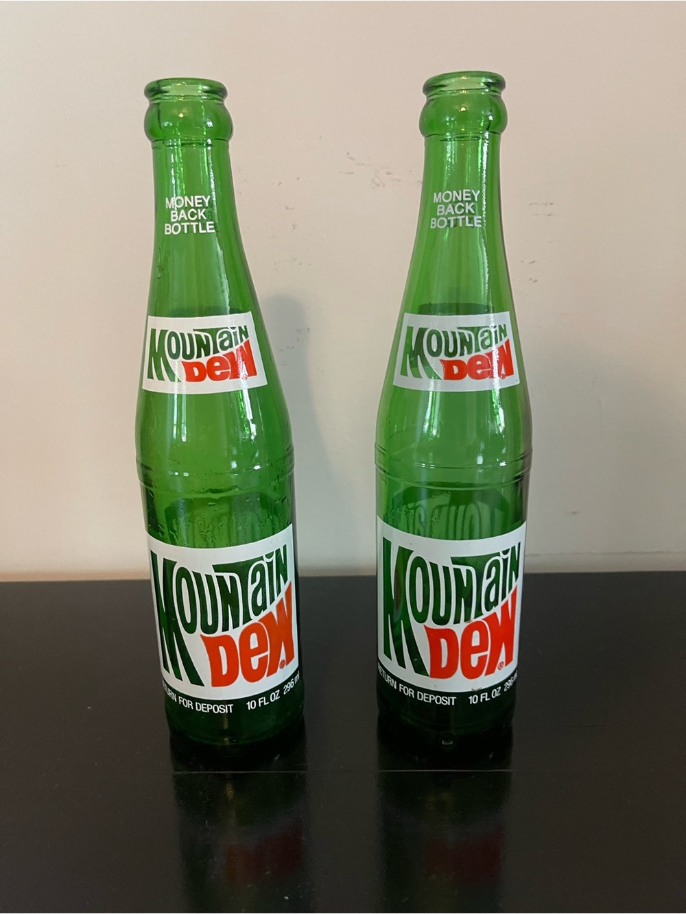 Vintage 1970’s Mountain Dew Green Glass bottles (set of 2)